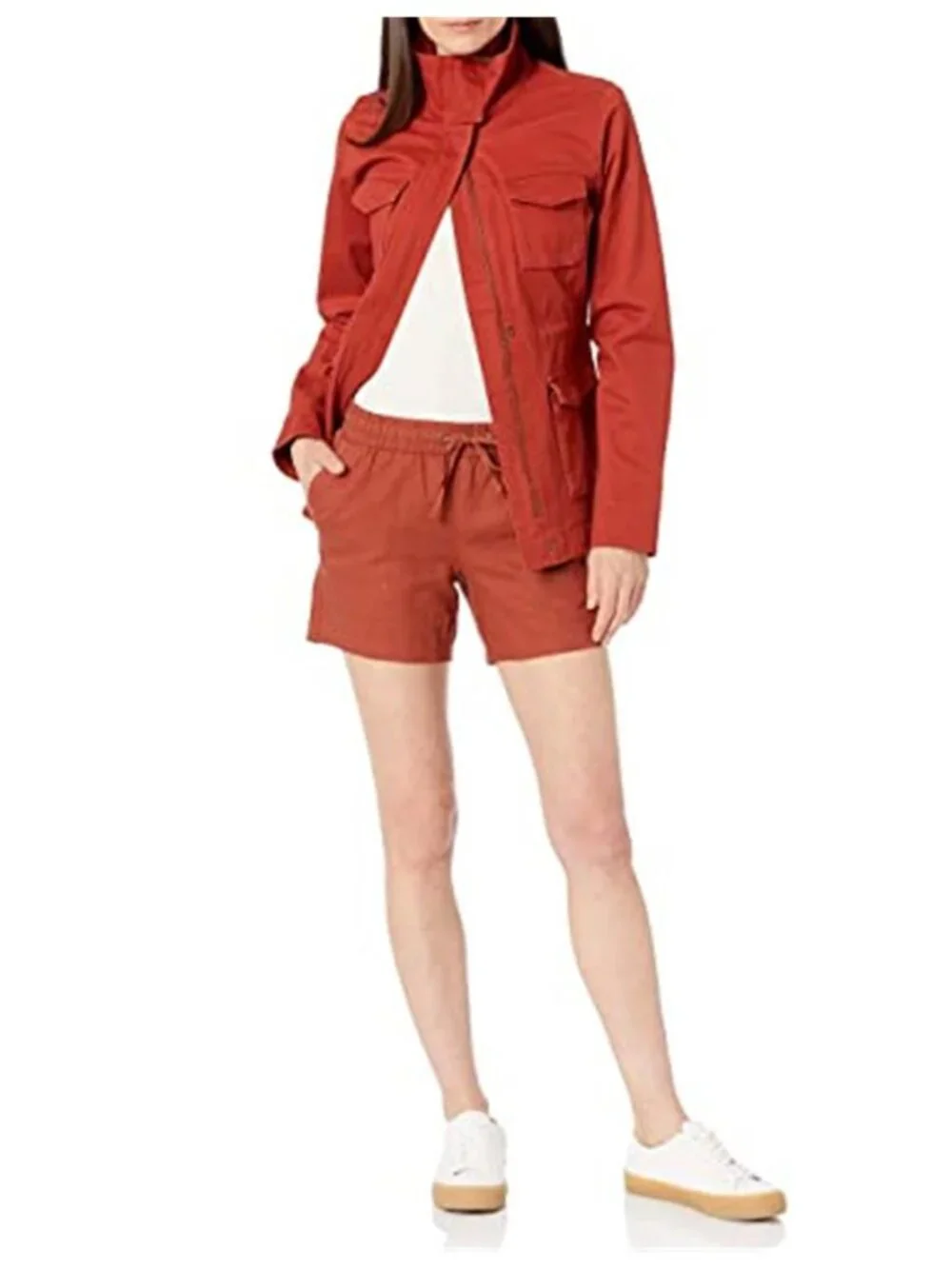 Womens Linen Blend Shorts Drawstring Elastic Waist Terracotta Summer Casual 5in